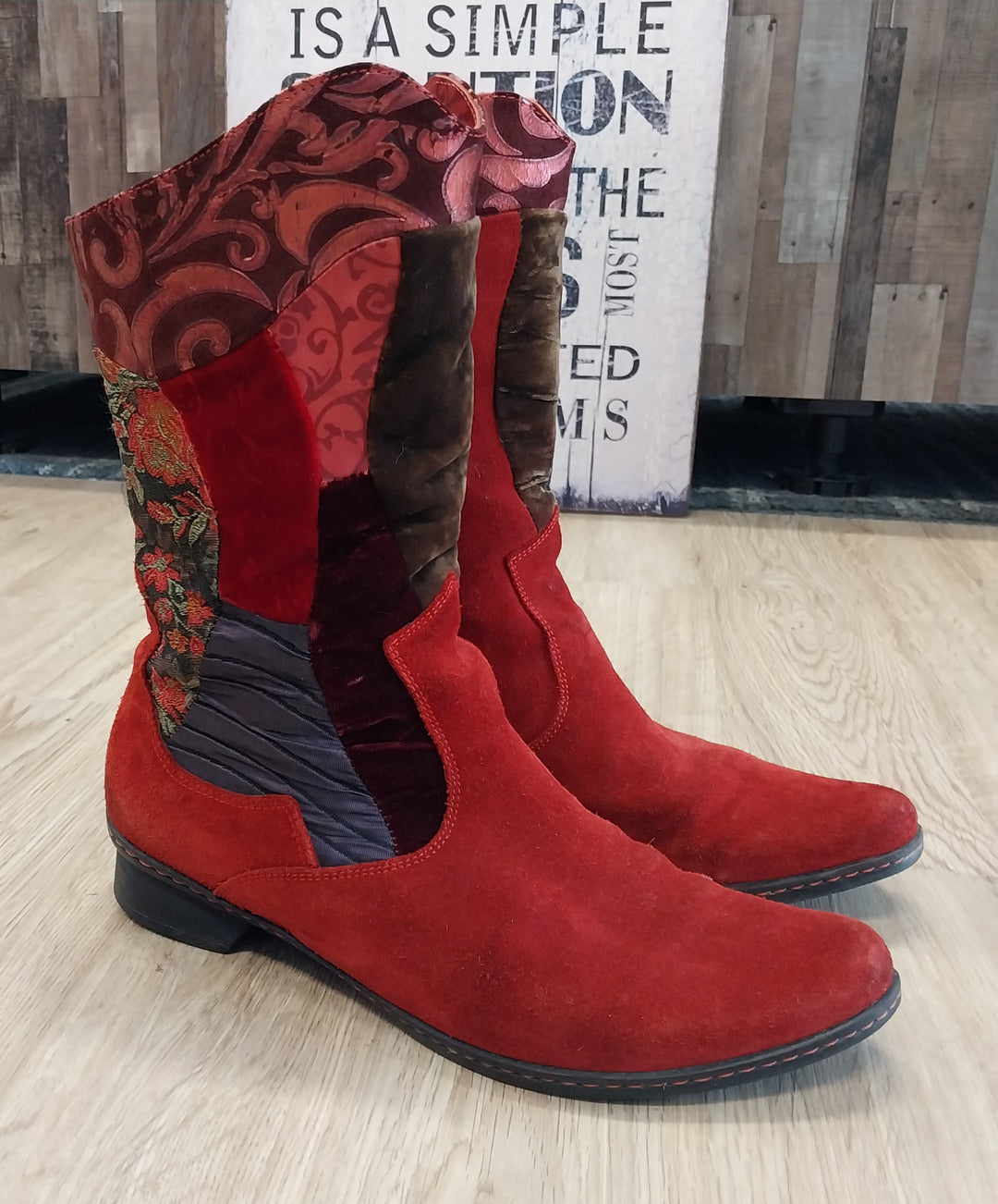 Think! Red Suede/Multi Fabric Boots Size 40