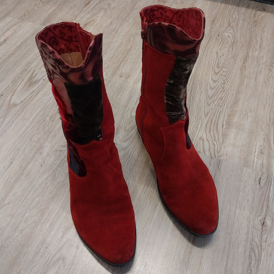 Think! Red Suede/Multi Fabric Boots Size 40