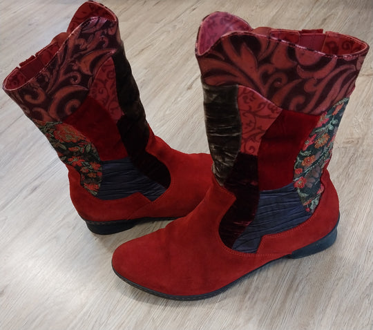 Think! Red Suede/Multi Fabric Boots Size 40