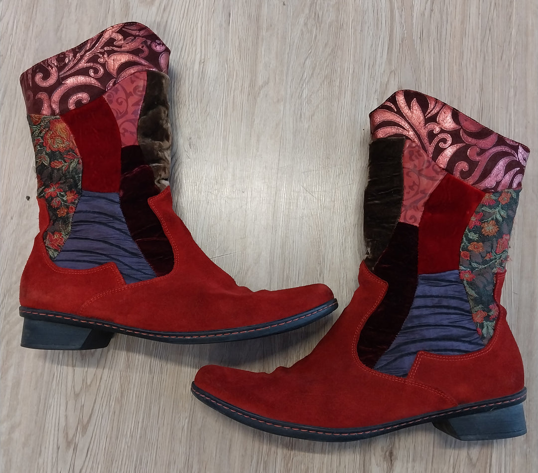 Think! Red Suede/Multi Fabric Boots Size 40