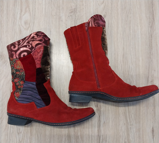 Think! Red Suede/Multi Fabric Boots Size 40