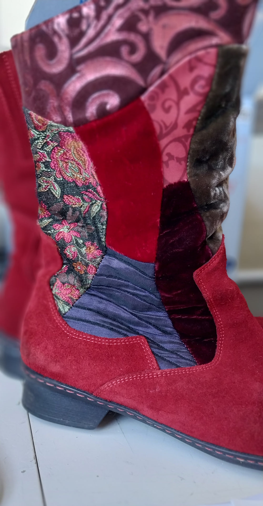 Think! Red Suede/Multi Fabric Boots Size 40