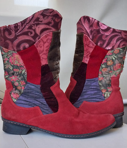 Think! Red Suede/Multi Fabric Boots Size 40