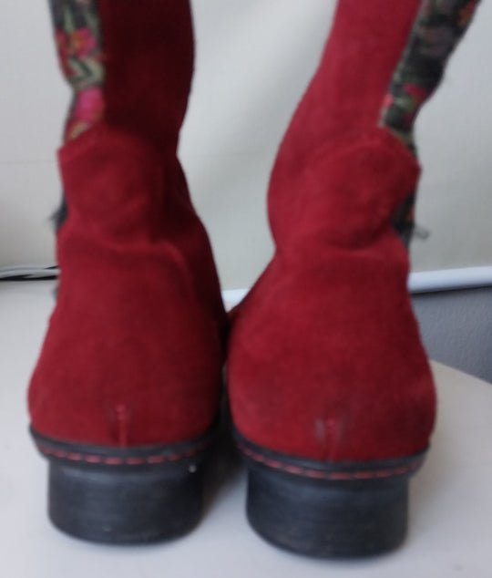 Think! Red Suede/Multi Fabric Boots Size 40