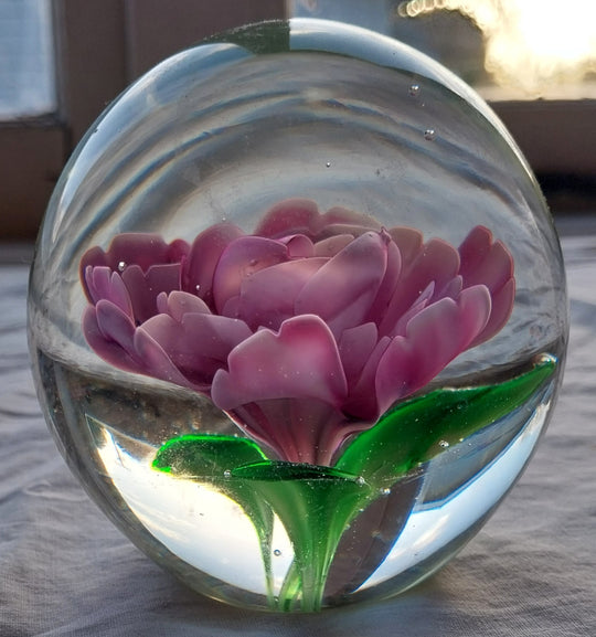 Pink/Green Flower Glass Paper Weight