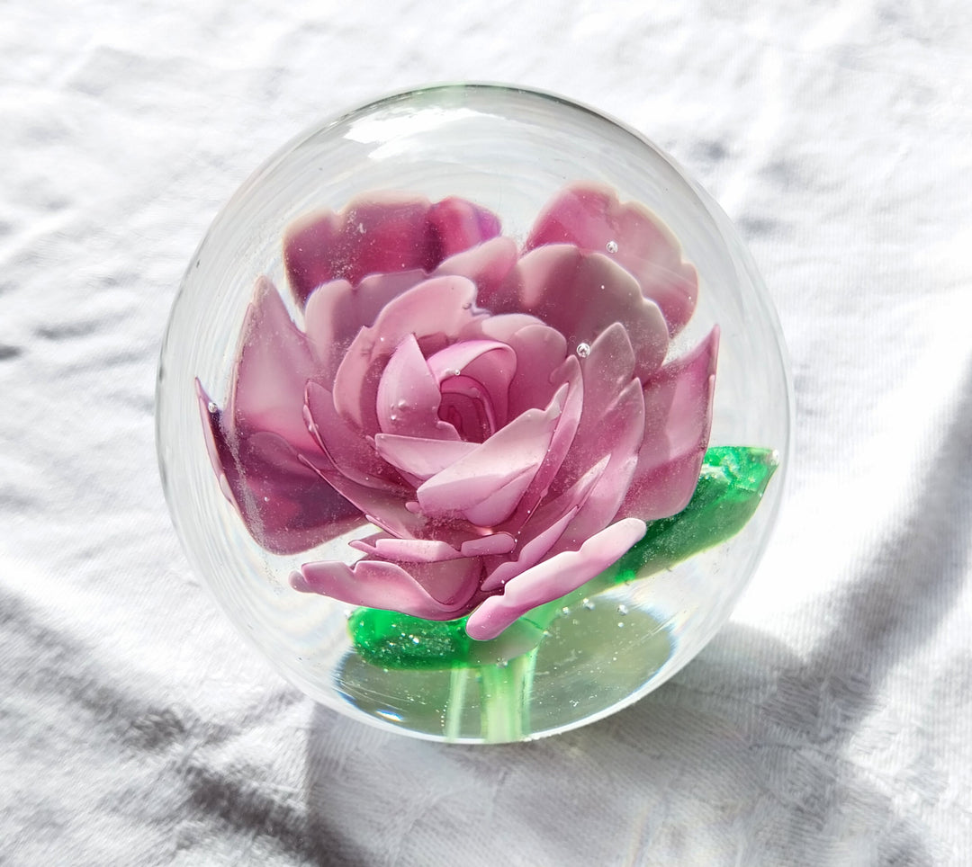 Pink/Green Flower Glass Paper Weight