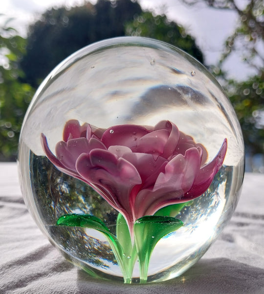 Pink/Green Flower Glass Paper Weight