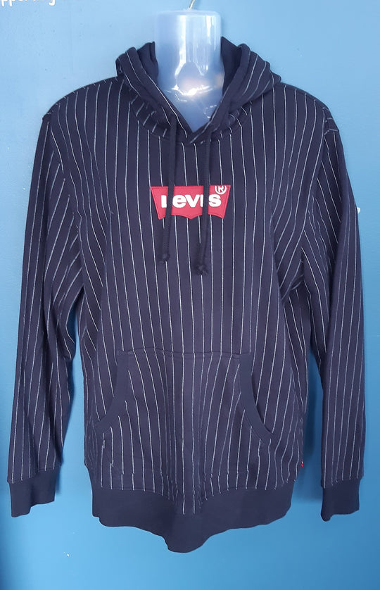 Levi' s logo patch Navy striped drawstring hoodie size  L Mens narrow fit