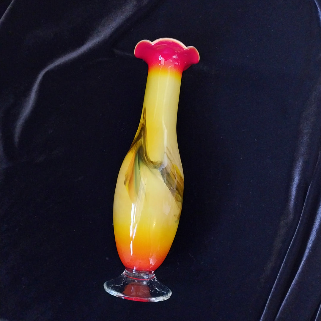 Vintage Dalian Art Glass  Red Yellow Swirl Ruffled Top 26cm