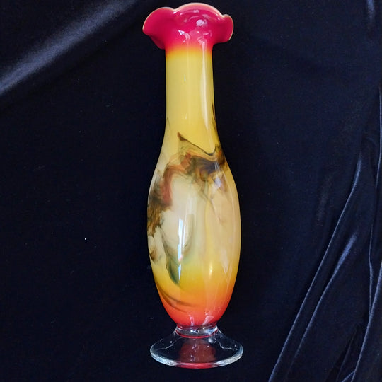 Vintage Dalian Art Glass  Red Yellow Swirl Ruffled Top 26cm