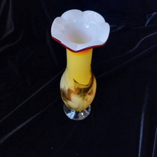 Vintage Dalian Art Glass  Red Yellow Swirl Ruffled Top 26cm