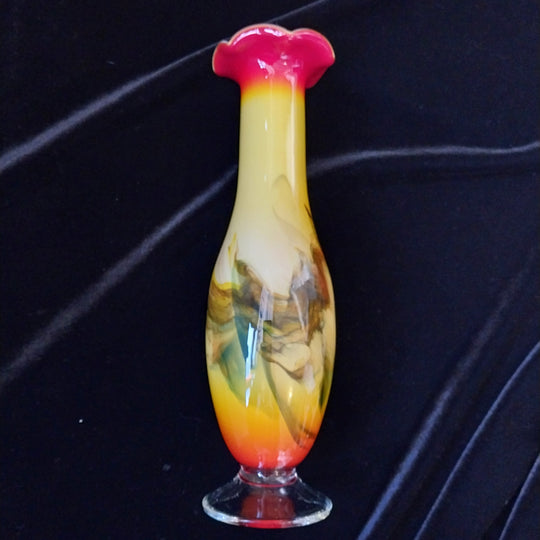Vintage Dalian Art Glass  Red Yellow Swirl Ruffled Top 26cm