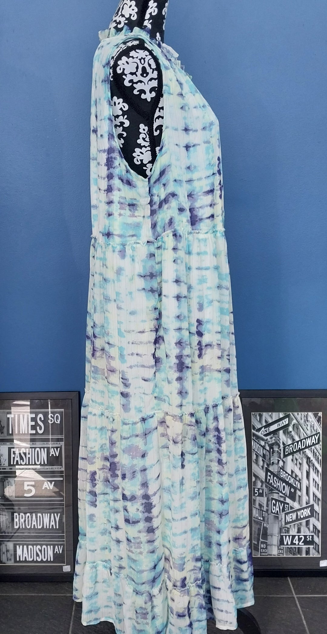 emerge. Tiered Maxi Dress, Blue and White Print, Size 18, BNWT