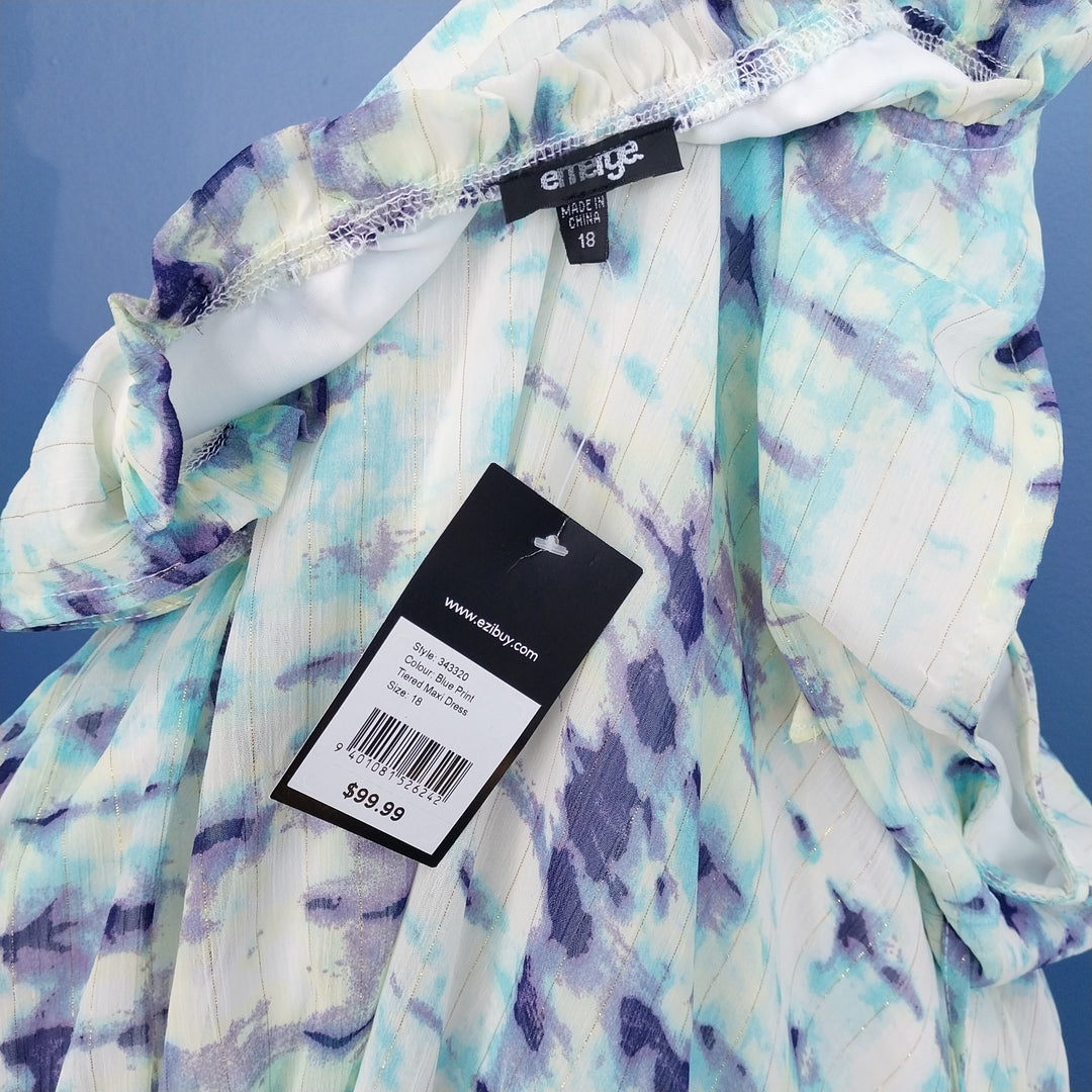 emerge. Tiered Maxi Dress, Blue and White Print, Size 18, BNWT