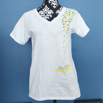 Mr Vintage NZ  women's V-neck Tee, as new, white, size L, 100s & 1000s multi-colour print
