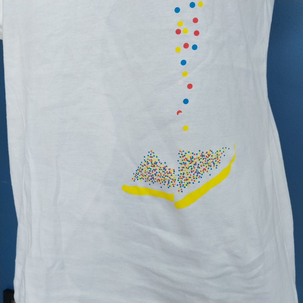 Mr Vintage NZ  women's V-neck Tee, as new, white, size L, 100s & 1000s multi-colour print