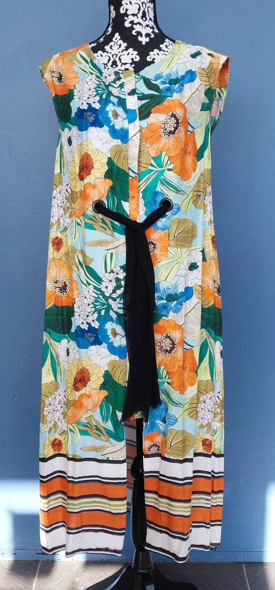 ZARA BASIC floral sleeveless dress, size M, button front with black waist tie