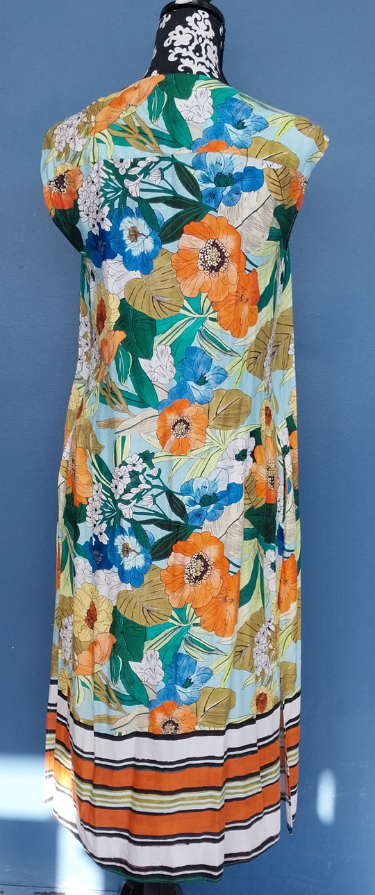 ZARA BASIC floral sleeveless dress, size M, button front with black waist tie