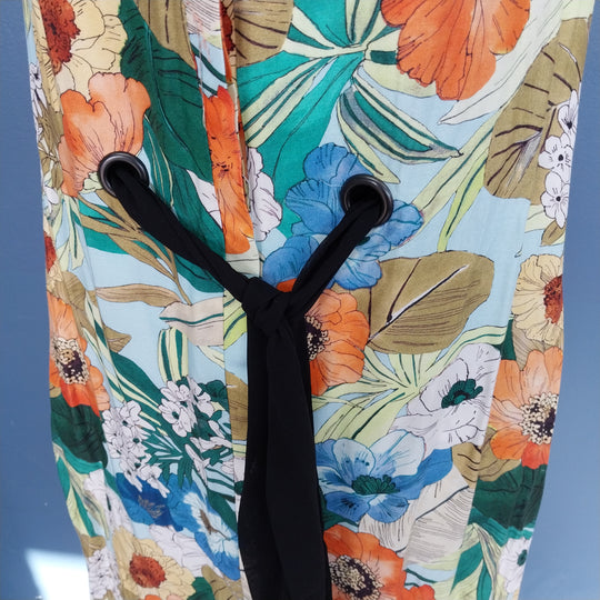 ZARA BASIC floral sleeveless dress, size M, button front with black waist tie