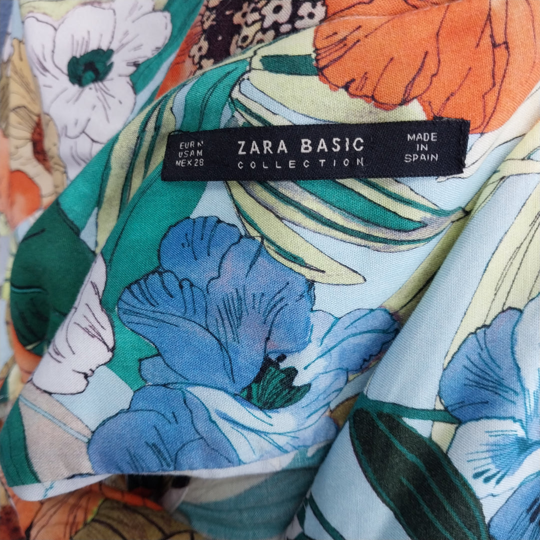 ZARA BASIC floral sleeveless dress, size M, button front with black waist tie