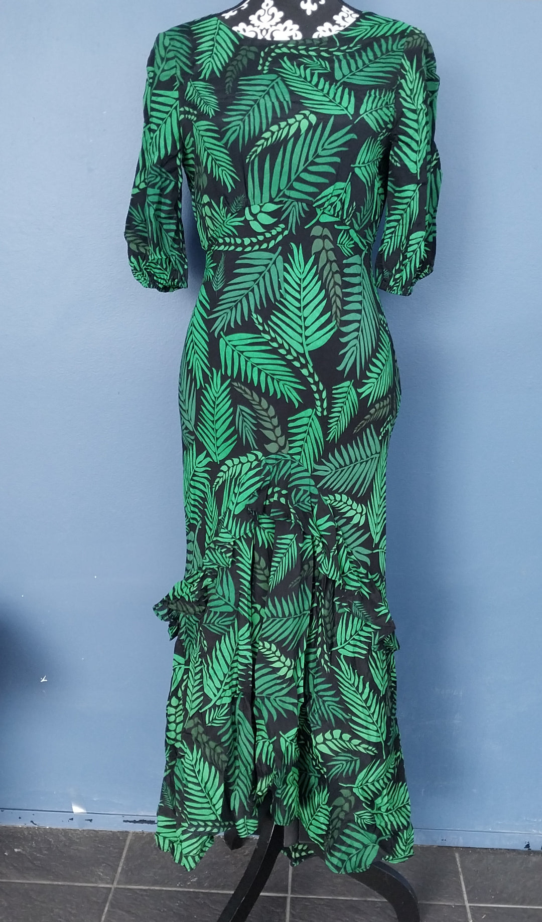 RIXO London Designer Silk Hi /Low Midi Dress Size S/P Black/Green