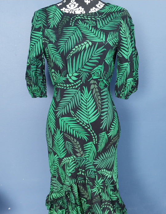 RIXO London Designer Silk Hi /Low Midi Dress Size S/P Black/Green
