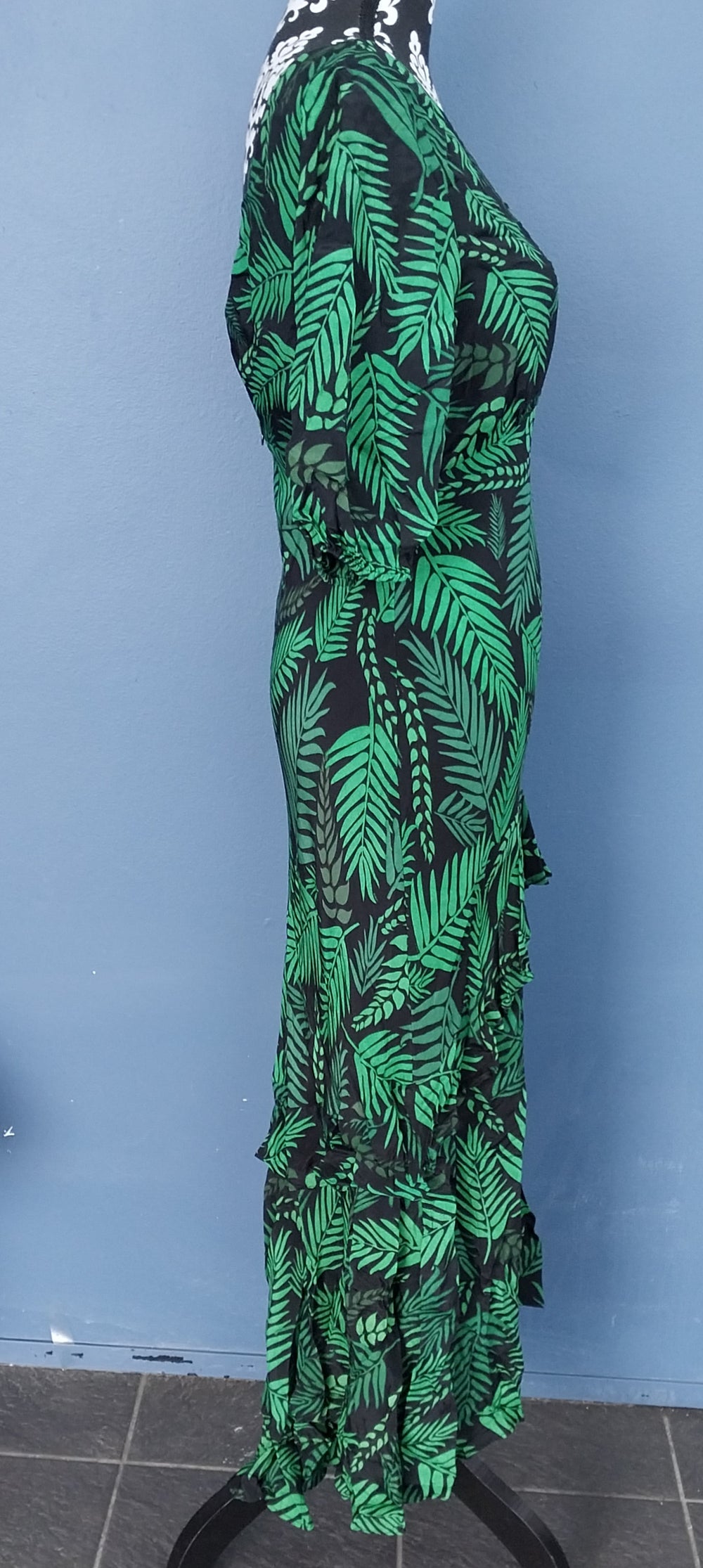RIXO London Designer Silk Hi /Low Midi Dress Size S/P Black/Green