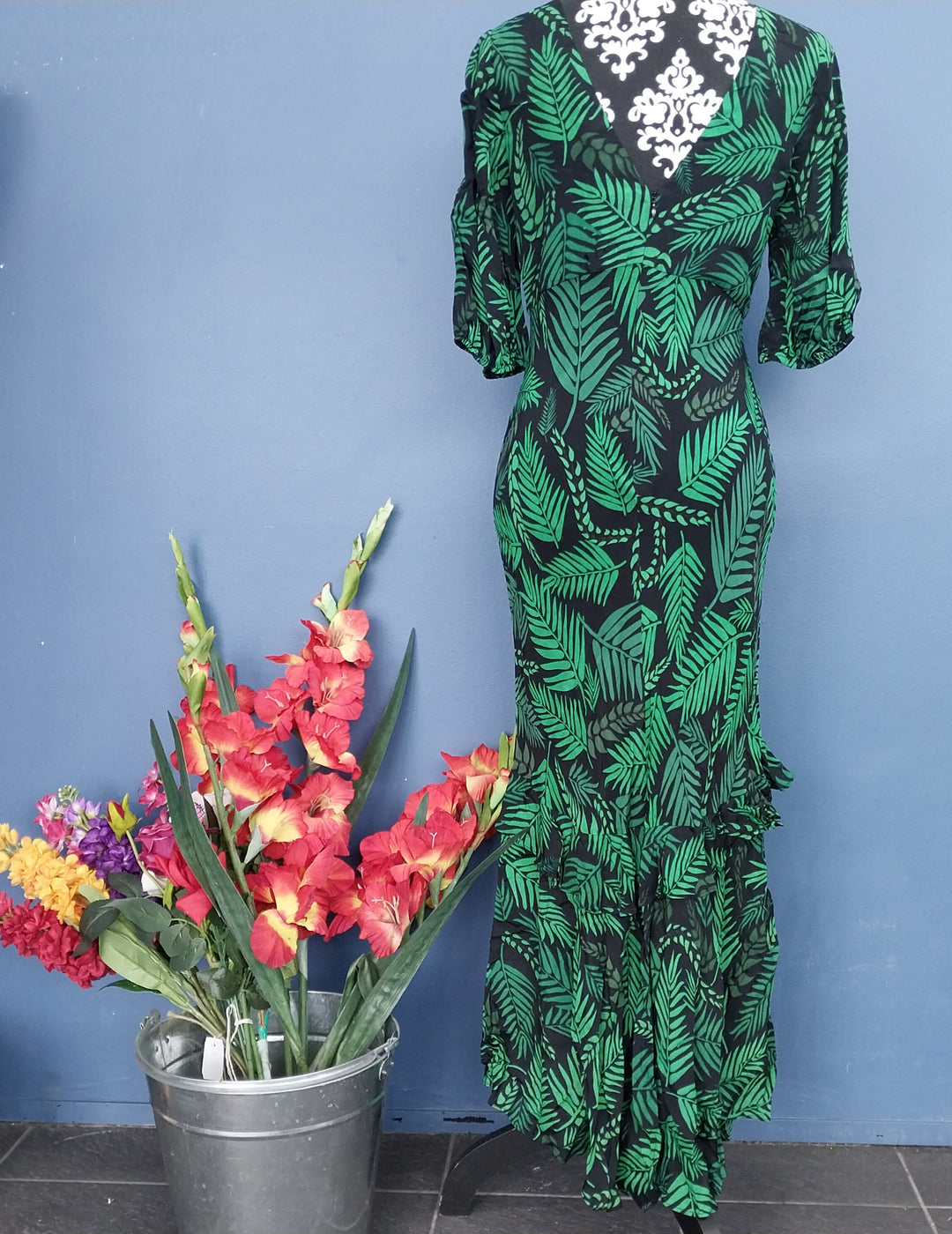 RIXO London Designer Silk Hi /Low Midi Dress Size S/P Black/Green