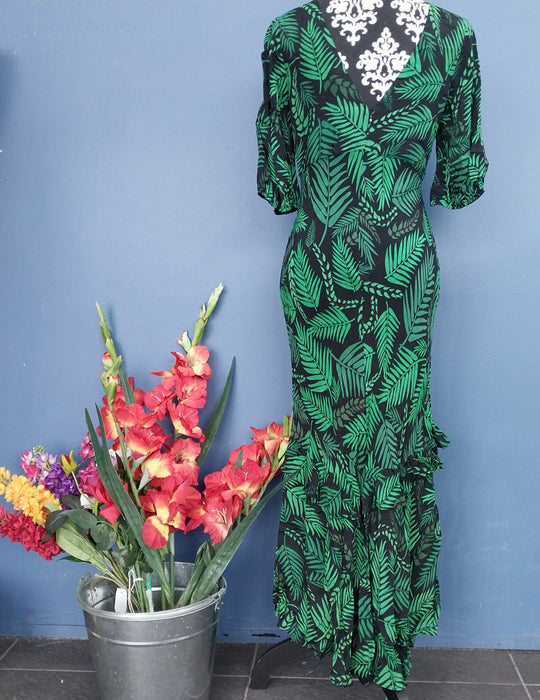 RIXO London Designer Silk Hi /Low Midi Dress Size S/P Black/Green
