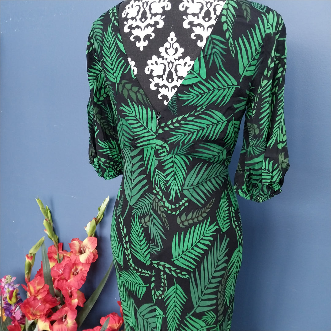 RIXO London Designer Silk Hi /Low Midi Dress Size S/P Black/Green