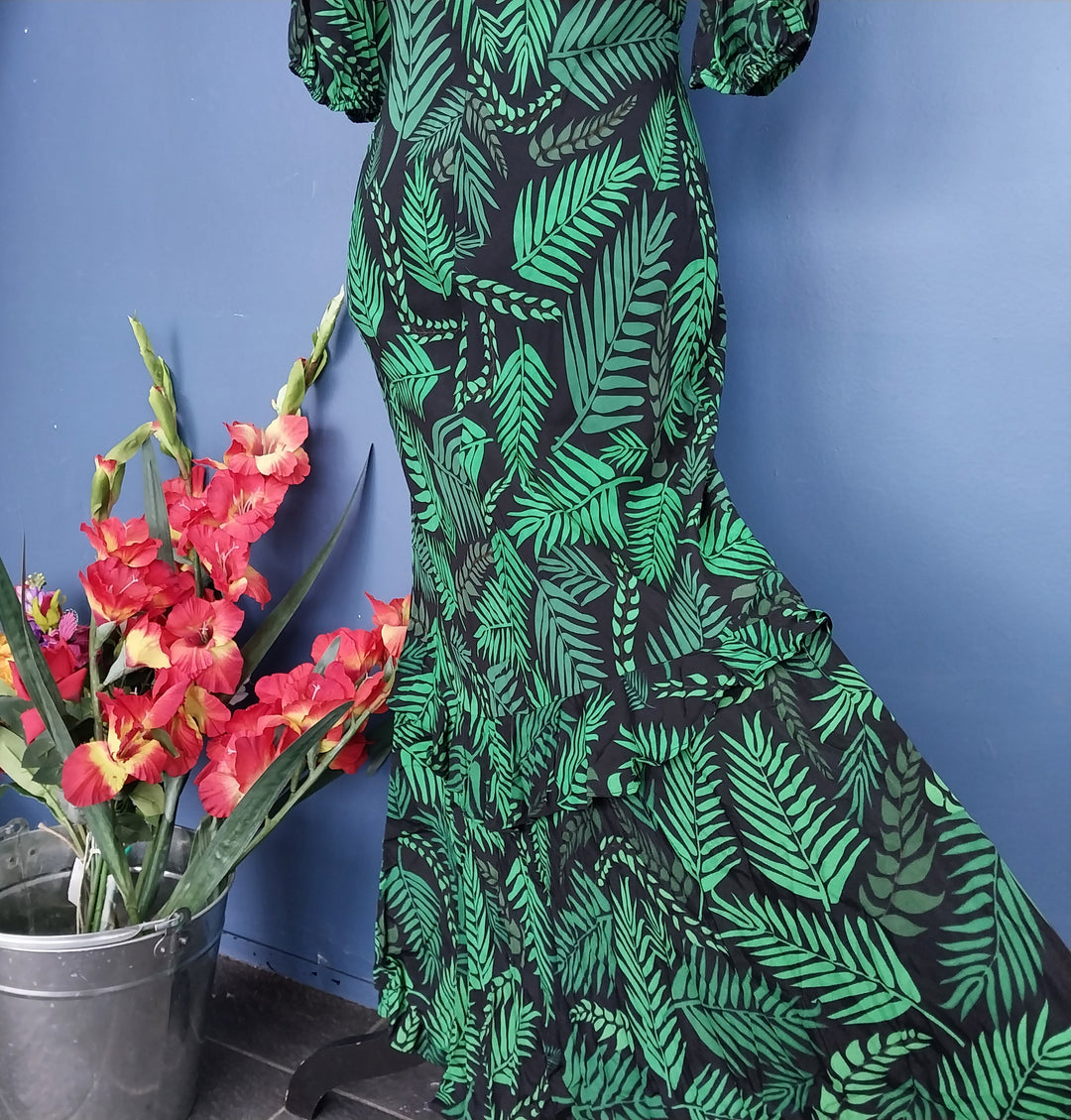 RIXO London Designer Silk Hi /Low Midi Dress Size S/P Black/Green
