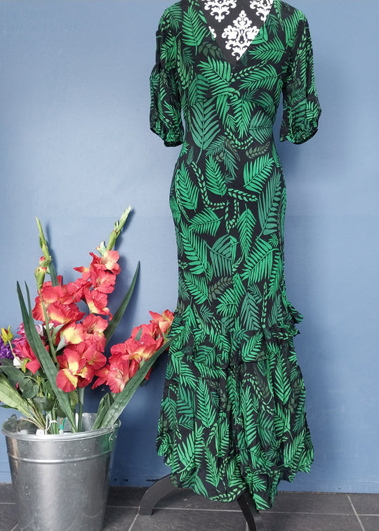 RIXO London Designer Silk Hi /Low Midi Dress Size S/P Black/Green