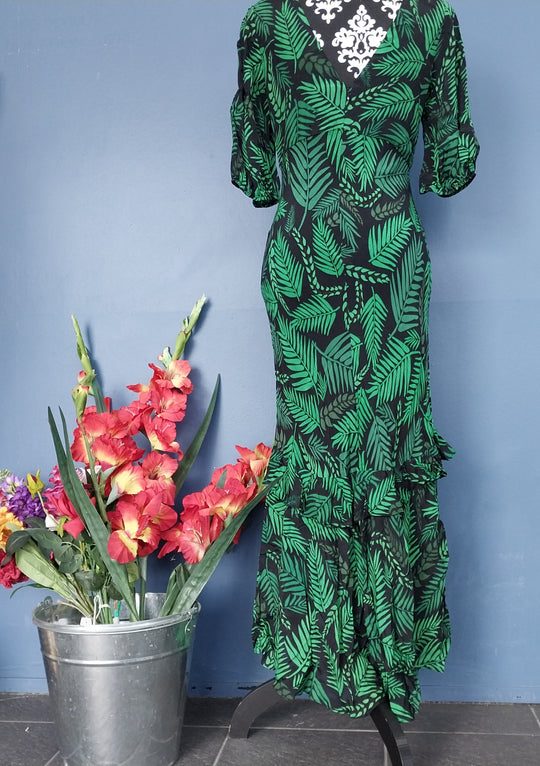 RIXO London Designer Silk Hi /Low Midi Dress Size S/P Black/Green