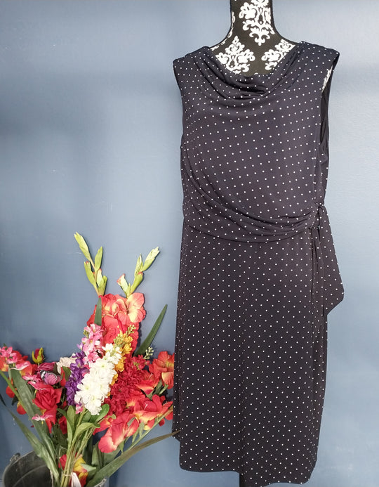 Jacqui E- Navy Blue/White Dot -Dress - Size XL