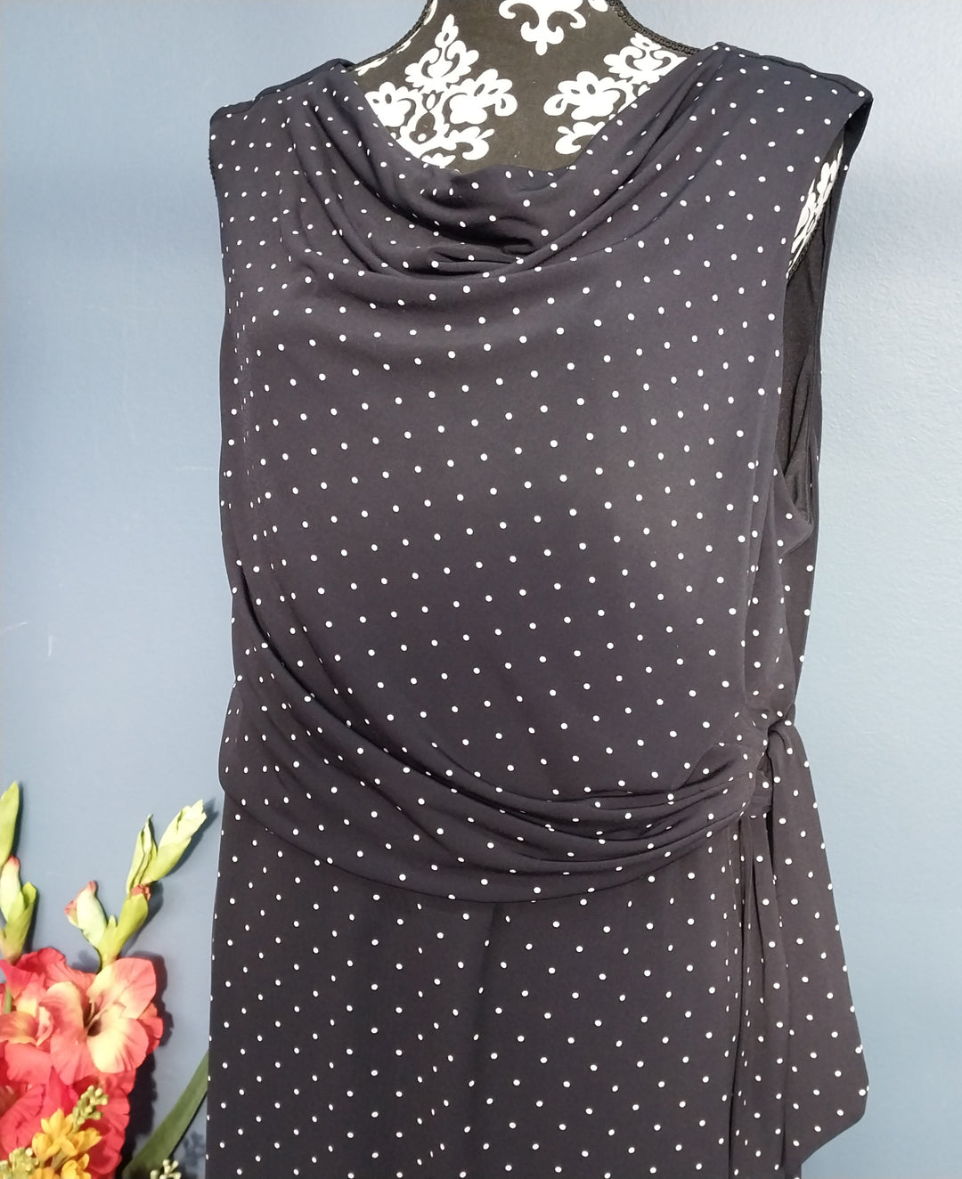 Jacqui E- Navy Blue/White Dot -Dress - Size XL
