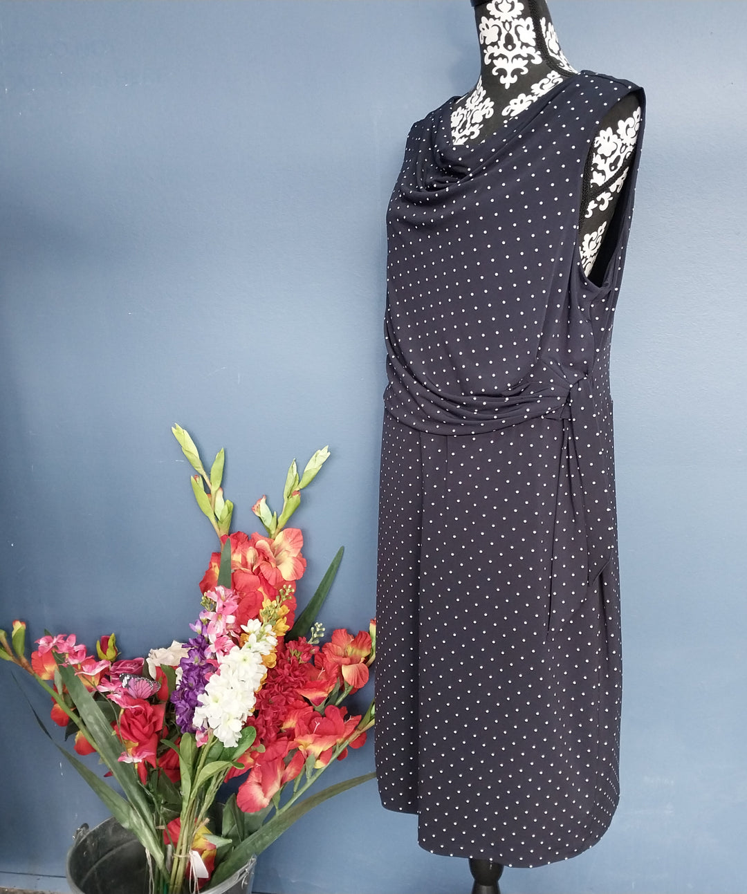 Jacqui E- Navy Blue/White Dot -Dress - Size XL