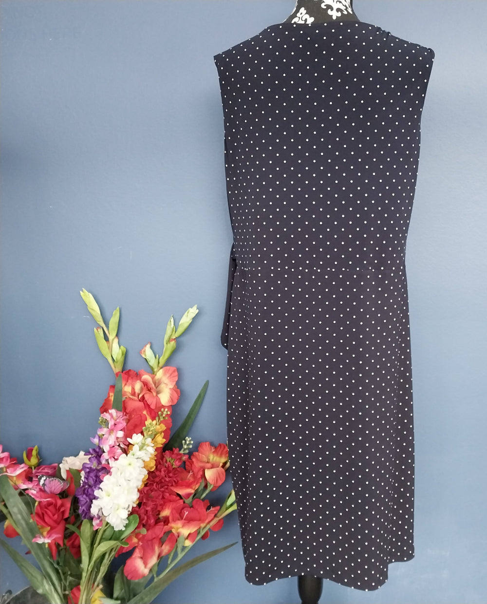 Jacqui E- Navy Blue/White Dot -Dress - Size XL