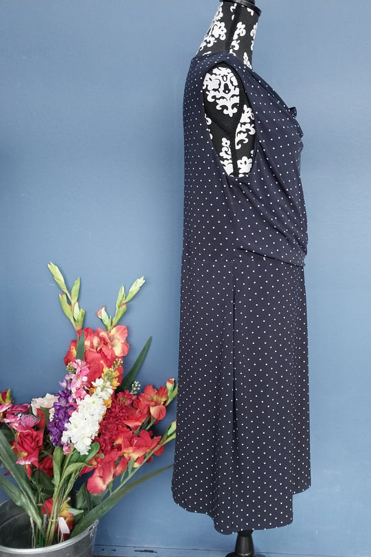 Jacqui E- Navy Blue/White Dot -Dress - Size XL