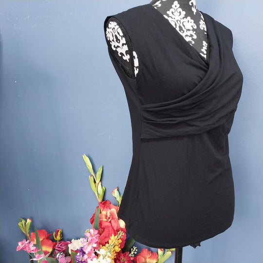 Paula Ryan Cross Over Drape Front Top Size L , Black Made In NZ