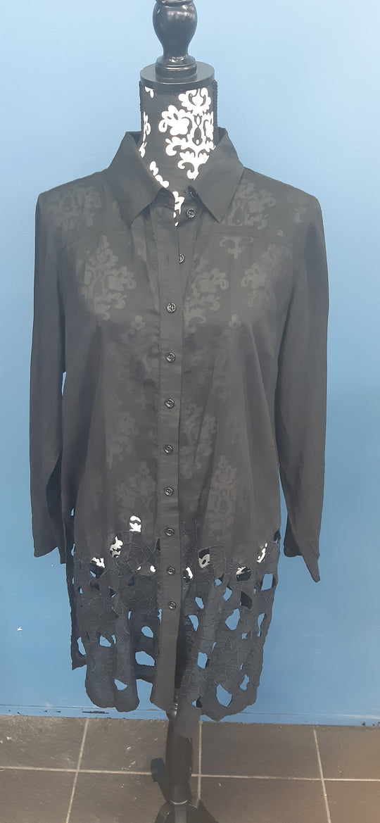 Paula Ryan long black cotton silk top size 14