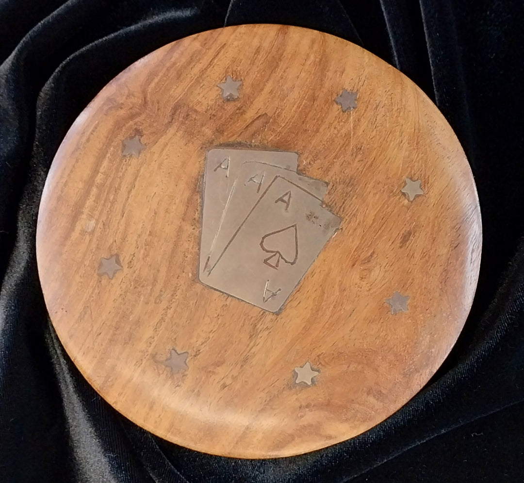 Vintage Brass Inlay Wooden Card Box with Pack of Playing Cards