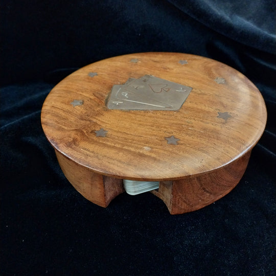 Vintage Brass Inlay Wooden Card Box with Pack of Playing Cards