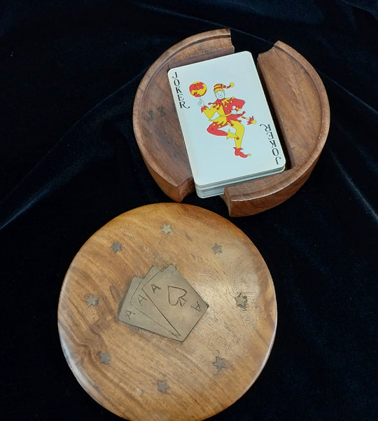 Vintage Brass Inlay Wooden Card Box with Pack of Playing Cards