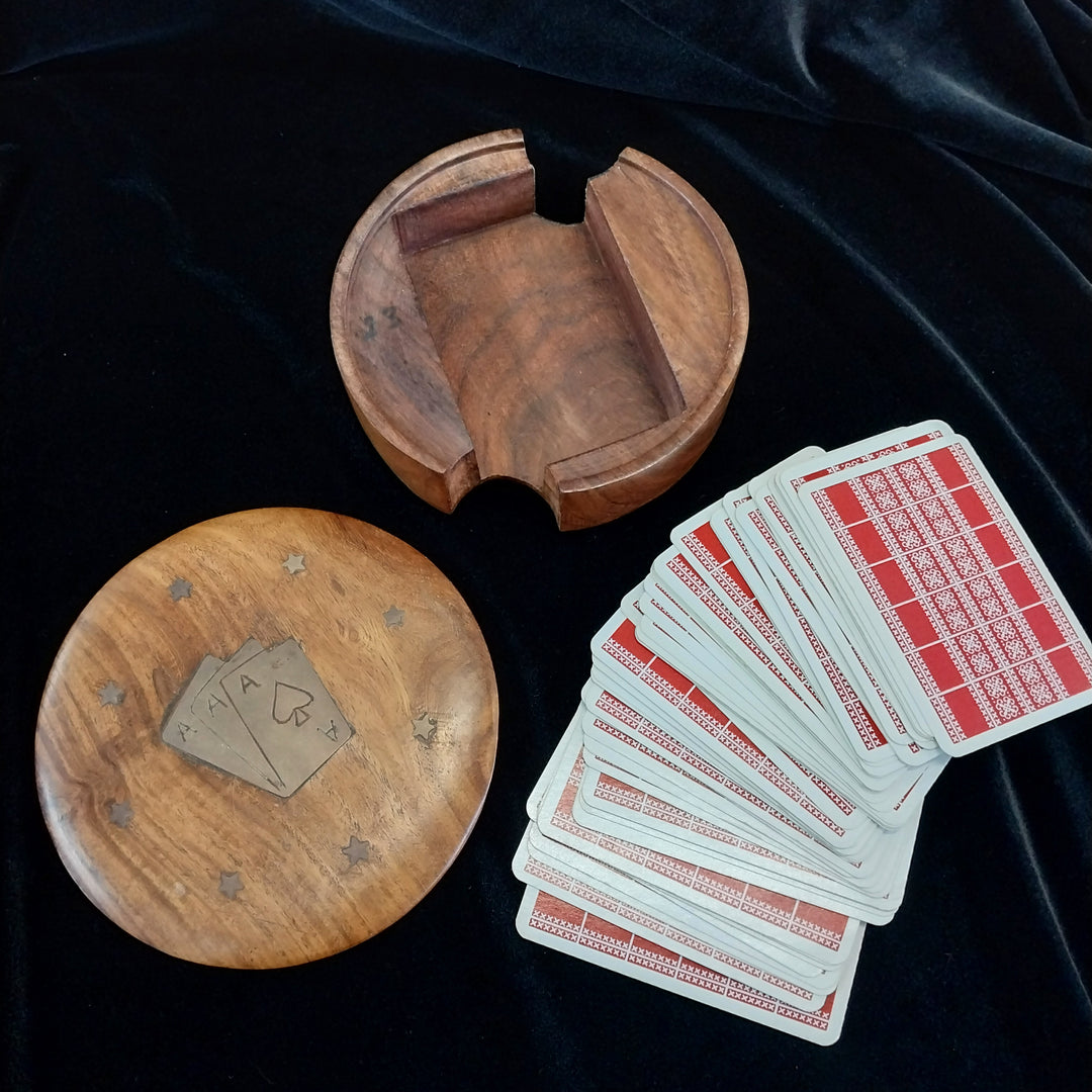Vintage Brass Inlay Wooden Card Box with Pack of Playing Cards