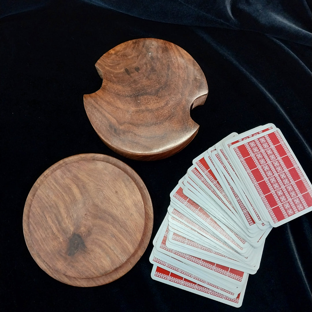 Vintage Brass Inlay Wooden Card Box with Pack of Playing Cards
