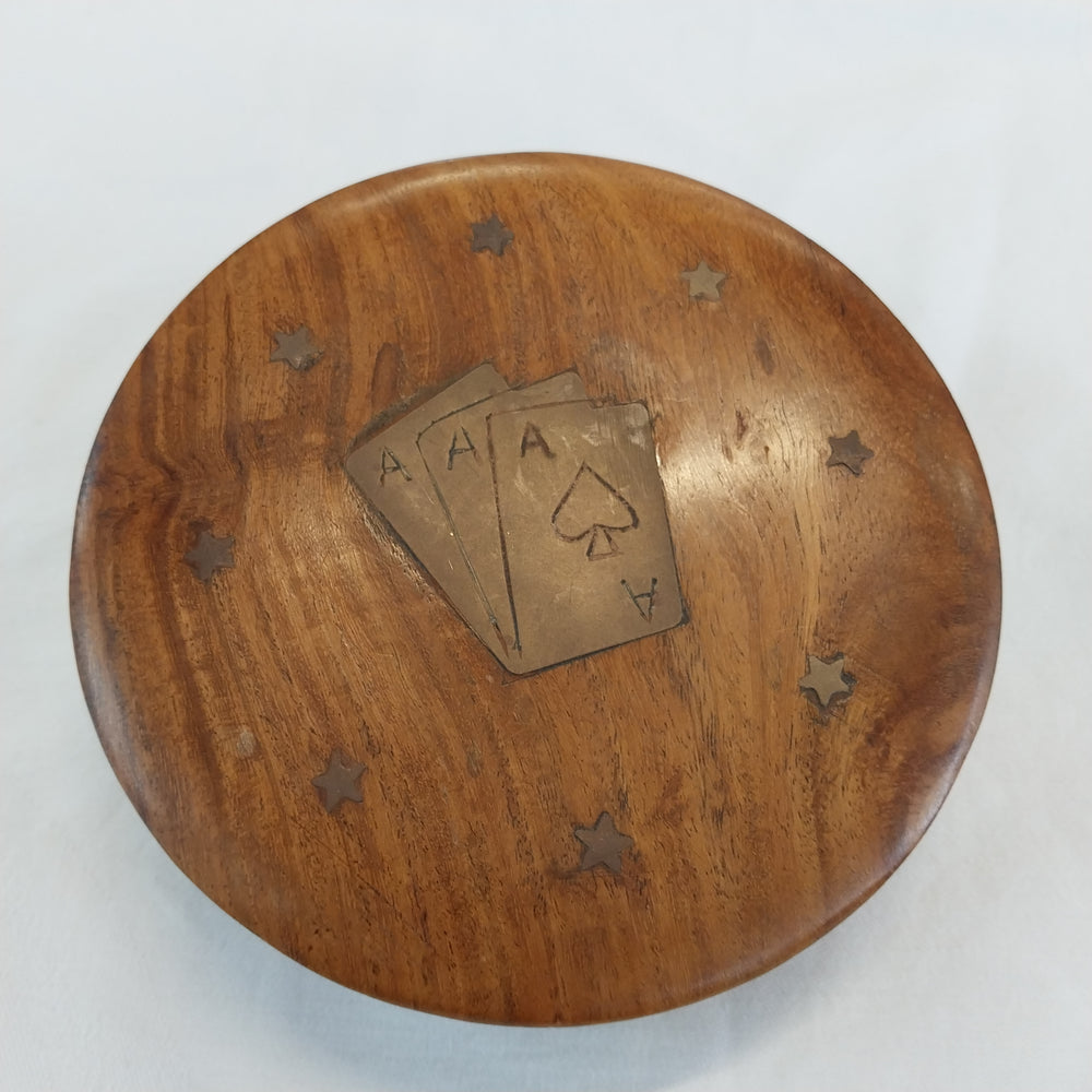 Vintage Brass Inlay Wooden Card Box with Pack of Playing Cards