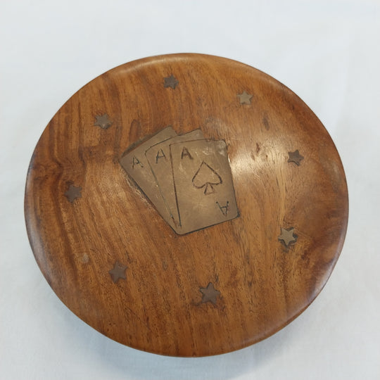 Vintage Brass Inlay Wooden Card Box with Pack of Playing Cards