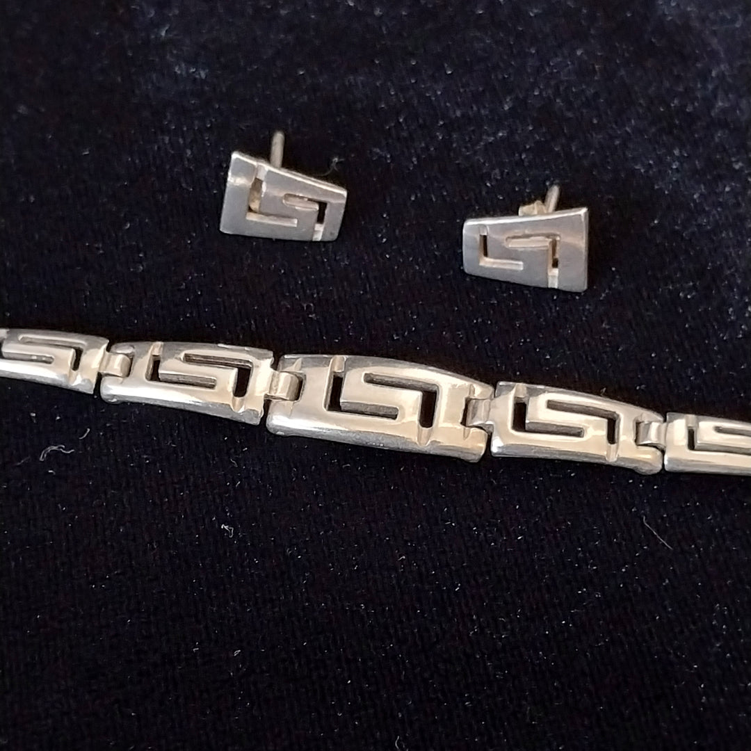 Vintage Sterling Silver 925 Greek Key Bracelet and Earring set