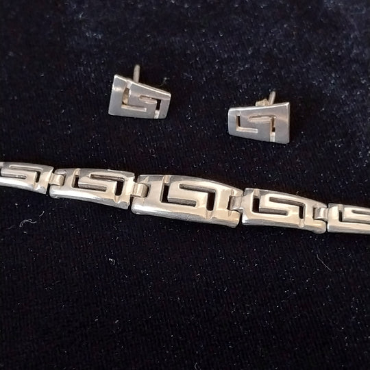 Vintage Sterling Silver 925 Greek Key Bracelet and Earring set