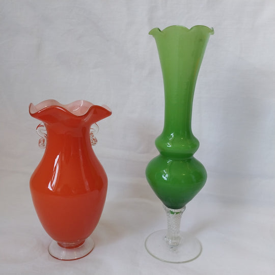 Vintage Hand Blown Bud Vases X 2  Vibrant Orange / Green